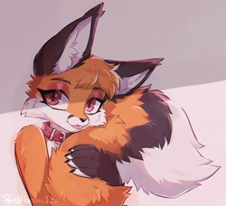 Size: 952x870 | Tagged: safe, artist:3rdperson_iz, canine, fox, mammal, anthro, 2022, ambiguous gender, blep, brown body, brown fur, collar, cream body, cream fur, cute, dipstick tail, ear fluff, ear tuft, fluff, fur, holding, looking at you, orange body, orange fur, solo, solo ambiguous, tail, tail fluff, tail hold, tongue, tongue out
