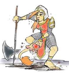 Size: 1117x1190 | Tagged: safe, artist:kuroi_wolf, big cat, feline, lion, mammal, anthro, axe, barefoot, big breasts, breasts, feet, female, gravel, guard, halberd, headwear, helmet, hurt, lioness, pain, pain stars, polearm, soles, solo, solo female, sore, stone, thick thighs, thighs, toes, weapon, wide hips