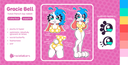 Size: 1957x1000 | Tagged: safe, artist:goobie, oc, oc:gracie bell, lagomorph, mammal, rabbit, agender, big breasts, breasts, bubble butt, butt, clothes, nonbinary, one-piece swimsuit, reference sheet, swimsuit, thick thighs, thighs