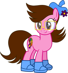 Size: 2168x2357 | Tagged: safe, artist:muhammad yunus, oc, oc only, oc:tiffany fisher, earth pony, equine, fictional species, mammal, pony, feral, friendship is magic, hasbro, my little pony, brown hair, clothes, female, flower, glasses, hair, hat, headwear, mane, mare, pink body, plant, shoes, simple background, smiling, solo, solo female, tail, transparent background