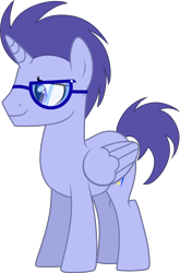 Size: 1958x2974 | Tagged: safe, artist:muhammad yunus, oc, oc only, oc:enquire zuniga jr, alicorn, equine, fictional species, mammal, pony, feral, friendship is magic, hasbro, my little pony, base used, blue body, blue eyes, blue hair, glasses, hair, male, mane, medibang paint, simple background, smiling, solo, solo male, stallion, tail, transparent background