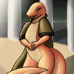 Size: 4096x4096 | Tagged: safe, artist:spe, zorayas (elden ring), reptile, snake, viper, anthro, elden ring, cloak, female, flat chest, green eyes, orange scales, scales, smiling, solo, solo female
