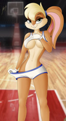 Size: 702x1280 | Tagged: suggestive, artist:altum-san, lola bunny (looney tunes), lagomorph, mammal, rabbit, anthro, looney tunes, space jam, warner brothers, 2022, basketball court, bedroom eyes, belly button, bottomwear, breasts, cameltoe, clothes, digital art, ears, eyelashes, female, fur, gloves, hair, looking at you, pink nose, pose, shirt, shirt lift, shorts, solo, solo female, sports shorts, tail, thighs, topwear, wide hips