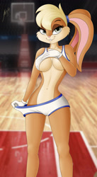Size: 1700x3100 | Tagged: suggestive, artist:altum-san, lola bunny (looney tunes), lagomorph, mammal, rabbit, anthro, looney tunes, space jam, warner brothers, 2022, basketball court, bedroom eyes, belly button, bottomwear, breasts, buckteeth, cameltoe, clothes, digital art, ears, eyelashes, female, fur, gloves, hair, looking at you, pink nose, pose, shirt, shirt lift, shorts, solo, solo female, tail, teeth, thighs, topwear, underboob, wide hips