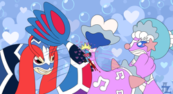 Size: 6927x3766 | Tagged: suggestive, artist:awesomesaucez, oc, oc:astarte, oc:dorian (awesomesaucez), oc:sonata (awesomesaucez), dewott, fictional species, milotic, primarina, feral, semi-anthro, nintendo, pokémon, absurd resolution, accessories, background, blood, blushing, dominant, dominant female, female, group, hair, headwear, heart, jewelry, libre, love, male, nosebleed, pearls, regalia, saliva, sandwiched, scales, sealion, shell, starter pokémon, tail, tailfin, trio, watermark, wrestling, wrestling mask, wrestling outfit