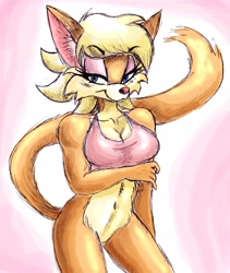 Size: 2852x3376 | Tagged: suggestive, artist:sokerikaneli, oc, oc:clarisse cat, feline, mammal, 2013, arm under breasts, belly button, blonde hair, blue eyes, bottomless, breasts, cleavage, collarbone, eyebrow through hair, eyebrows, eyeshadow, featureless crotch, female, fur, hair, high res, looking at you, makeup, nudity, orange body, orange fur, partial nudity, pink nose, raised tail, solo, solo female, standing, tail, tan body, tan fur, two toned body