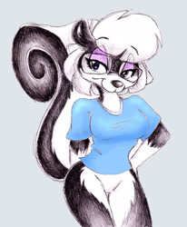 Size: 2368x2880 | Tagged: suggestive, artist:sokerikaneli, oc, oc:sabrina (sabrina-online), mammal, skunk, 2013, black body, black fur, black nose, blue shirt, breasts, clothes, eyebrow through hair, eyebrows, eyeshadow, featureless crotch, female, fur, glasses, hair, high res, looking at you, makeup, raised eyebrows, raised tail, shirt, simple background, smiling, smiling at you, solo, solo female, standing, t-shirt, tail, topwear, two toned body, white body, white fur, white hair
