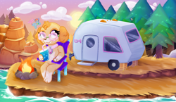 Size: 2481x1435 | Tagged: safe, artist:rainbow eevee, skye (paw patrol), canine, cockapoo, dog, mammal, anthro, nickelodeon, paw patrol, campfire, camping, chair, cloud, collar, cute, detailed background, digital art, evening, female, fire, glasses, grin, hand hold, holding, ice, ice cube, looking at you, plant, river, rock, round glasses, sitting, smiling, sun, sunglasses, trailer, tree, water, woods