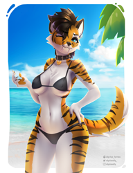 Size: 3077x4000 | Tagged: safe, artist:elysianelly, oc, oc only, big cat, feline, mammal, tiger, anthro, 2022, bikini, black hair, border, breasts, clothes, commission, ears, female, hair, looking at you, smiling, smiling at you, solo, solo female, swimsuit, tail, thighs, tigress, white border, ych result