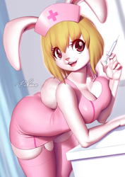 Size: 897x1269 | Tagged: safe, artist:pakwan008, carrot (one piece), fictional species, lagomorph, mammal, mink tribe, rabbit, anthro, one piece, 2022, big breasts, breasts, clothes, ears, female, hair, hat, headwear, long ears, looking at you, nurse hat, nurse outfit, short hair, smiling, smiling at you, solo, solo female, thick thighs, thighs