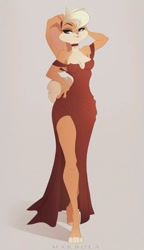 Size: 769x1336 | Tagged: safe, artist:marbola, lola bunny (looney tunes), lagomorph, mammal, rabbit, anthro, digitigrade anthro, looney tunes, warner brothers, breasts, cleavage, clothes, dress, female, jewelry, necklace, side slit, simple background, solo, solo female