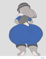 Size: 1245x1603 | Tagged: suggestive, artist:xero, judy hopps (zootopia), lagomorph, lop eared, mammal, rabbit, anthro, disney, zootopia, 2016, barefoot, bowler hat, breasts, breath, butt, clothes, female, fur, gray background, gray body, gray fur, hand on hip, hat, headwear, huge butt, hyper, hyper butt, open mouth, paw pads, paws, pear-shaped, police uniform, purple eyes, rear view, short tail, signature, simple background, solo, solo female, tail