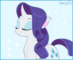 Size: 762x624 | Tagged: safe, artist:esmeia, rarity (mlp), equine, fictional species, mammal, pony, unicorn, feral, friendship is magic, hasbro, my little pony, eyes closed, female, front view, fur, hair, mane, mare, purple hair, purple mane, purple tail, smiling, tail, three-quarter view, white body, white fur