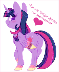 Size: 650x794 | Tagged: safe, artist:esmeia, twilight sparkle (mlp), alicorn, equine, fictional species, mammal, pony, feral, friendship is magic, hasbro, my little pony, female, fur, hair, looking at you, looking back, looking back at you, mare, multicolored hair, multicolored tail, purple body, purple eyes, purple fur, simple background, solo, solo female, sparkly eyes, tail, two toned hair, two toned tail, white background, wingding eyes
