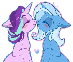 Size: 1081x918 | Tagged: safe, artist:esmeia, starlight glimmer (mlp), trixie (mlp), equine, fictional species, mammal, pony, unicorn, feral, friendship is magic, hasbro, my little pony, blushing, cute, duo, duo female, eyes closed, female, female/female, females only, heart, mare, shipping, side view, simple background, smiling, startrix (mlp), transparent background