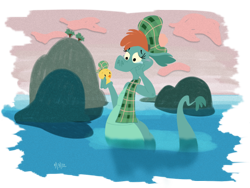 Size: 1152x864 | Tagged: safe, artist:qwertypictures, loch ness monster, nessie (the ballad of nessie), semi-anthro, disney, the ballad of nessie, 2012, 2d, crying, female, front view, partially submerged, rubber duck, solo, solo female, three-quarter view, toy