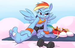Size: 1152x736 | Tagged: safe, artist:kuroi_wolf, edit, rainbow dash (mlp), equine, fictional species, horse, mammal, pegasus, pony, anthro, friendship is magic, hasbro, my little pony, armband, band-aid, bandage, barefoot, bedroom eyes, belly button, bottomwear, breasts, cleavage, clothes, cloud, color edit, feathered wings, feathers, feet, female, foot fetish, foot focus, grin, looking away, shoes, shoes removed, shorts, sitting, smiling, soles, solo, solo female, sports bra, spread toes, spread wings, stretching, toes, topwear, wings