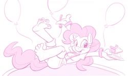 Size: 1280x759 | Tagged: safe, artist:kuroi_wolf, pinkie pie (mlp), equine, horse, mammal, pony, anthro, friendship is magic, hasbro, my little pony, balloon, barefoot, bouncing, bracelet, breasts, butt, cake, feet, female, food, fork, jewelry, looking at you, open mouth, open smile, plate, smiling, smiling at you, soles, solo, solo female, spread toes, suspenders, thick thighs, thighs, toes, trampoline