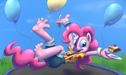 Size: 1280x759 | Tagged: safe, artist:kuroi_wolf, edit, pinkie pie (mlp), equine, horse, mammal, pony, anthro, friendship is magic, hasbro, my little pony, balloon, barefoot, bouncing, bracelet, breasts, butt, cake, color edit, feet, female, food, fork, jewelry, looking at you, open mouth, open smile, plate, smiling, smiling at you, soles, solo, solo female, spread toes, suspenders, thick thighs, thighs, toes, trampoline