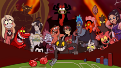 Size: 1920x1080 | Tagged: safe, artist:finnjr63, aku (samurai jack), bendy (bendy and the ink machine), charlie (hazbin hotel), hades (hercules), king (the owl house), satina (satina), the devil (cuphead), demon, fictional species, human, hybrid, mammal, succubus, anthro, humanoid, semi-anthro, bendy and the ink machine, cartoon network, cow and chicken, cuphead, disney, fantasia, hazbin hotel, hercules (disney), nickelodeon, rocko's modern life, samurai jack (series), satina wants a glass of water, the owl house, the powerpuff girls, albedo (overlord), beezy j. heinous (jimmy two-shoes), bone, broken horn, charlie magne (hazbin hotel), chernabog (fantasia), crossover, devil, elsie (the world god only knows), female, femboy, group, hell, him (the ppgs), horn, horns, jimmy two-shoes, male, peaches (rocko's modern life), princess, princess of hell, red guy (cow and chicken), sadao maou (the devil is a part-timer!), skull, the devil is a part-timer!, the world god only knows, titan, tom lucitor (star vs. the forces of evil), young