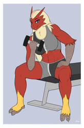 Size: 853x1300 | Tagged: safe, artist:pkuai, blaziken, fictional species, anthro, digitigrade anthro, nintendo, pokémon, 2020, abs, bedroom eyes, belly button, bottomwear, breasts, clothes, commission, digital art, dumbbells, ears, eyelashes, female, fluff, gym, hair, hand on thigh, muscles, neck fluff, open mouth, shorts, simple background, sitting, solo, solo female, sports bra, sports shorts, starter pokémon, thighs, tongue, topwear, wide hips
