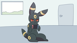 Size: 1366x768 | Tagged: safe, artist:sum, eeveelution, fictional species, mammal, umbreon, feral, nintendo, nintendo switch, pokémon, 2022, ambiguous gender, black nose, colored sclera, digital art, ears, fur, male, paws, red sclera, sitting, solo, solo male, tail