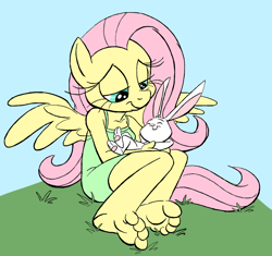 Size: 960x901 | Tagged: safe, alternate version, artist:kuroi_wolf, edit, angel bunny (mlp), fluttershy (mlp), equine, fictional species, lagomorph, mammal, pegasus, pony, rabbit, anthro, plantigrade anthro, semi-anthro, friendship is magic, hasbro, my little pony, barefoot, bedroom eyes, color edit, cuddle, cuddling, duo, duo male and female, eyes closed, feathered wings, feathers, feet, female, grass, hug, male, mare, relaxing, sitting, smiling, soles, spread wings, thick thighs, thighs, toes, wings