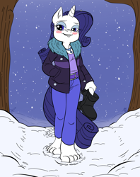 Size: 960x1212 | Tagged: safe, artist:kuroi_wolf, edit, rarity (mlp), equine, fictional species, horse, mammal, pony, unicorn, anthro, friendship is magic, hasbro, my little pony, 4 toes, barefeet, barefoot, bedroom eyes, belt, blushing, boots, bottomwear, clothes, coat, color edit, feet, female, footprint, hand in pocket, horn, jean pants, jewelry, long jean pants, long pants, necklace, pants, plant, shoes, smiling, smug, snow, snowfall, solo, solo female, toes, topwear, tree, walking, winter, winter outfit
