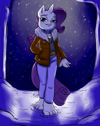 Size: 811x1024 | Tagged: safe, alternate version, artist:kuroi_wolf, edit, rarity (mlp), equine, fictional species, horse, mammal, pony, unicorn, anthro, friendship is magic, hasbro, my little pony, 4 toes, barefeet, barefoot, bedroom eyes, belt, blushing, bottomwear, clothes, coat, color edit, feet, female, footprint, hand in pocket, horn, jean pants, jewelry, long jean pants, long pants, necklace, night, pants, plant, smiling, smug, snow, snowfall, solo, solo female, toes, topwear, tree, walking, winter, winter outfit