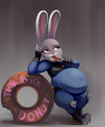 Size: 2000x2400 | Tagged: suggestive, artist:metalforever, judy hopps (zootopia), lagomorph, mammal, rabbit, anthro, disney, zootopia, 2016, 3 toes, 5 fingers, breasts, clothes, donut, eating, fat, fat fetish, female, fingerless gloves, food, fur, gloves, gray body, gray fur, high res, huge belly, obese, pink nose, police badge, police uniform, purple eyes, solo, solo female, text, weight gain