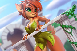 Size: 1280x853 | Tagged: safe, artist:pak009, elora (spyro), faun, fictional species, mammal, anthro, spyro the dragon (series), 2022, blurred background, breasts, clothes, ears, female, green eyes, hair, orange hair, short tail, smiling, solo, solo female, tail, thighs