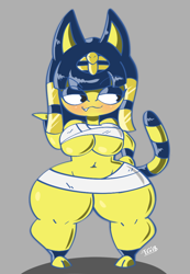 Size: 704x1020 | Tagged: suggestive, artist:theenglishgent, ankha (animal crossing), cat, feline, mammal, anthro, animal crossing, nintendo, 2 toes, 2018, belly button, big breasts, blue hair, blue tail, blushing, breasts, curvy, cute, cute little fangs, fangs, female, front view, fur, gray background, hair, hyper, hyper hips, hyper thighs, lidded eyes, looking to the side, midriff, shadow, signature, simple background, smiling, solo, solo female, striped tail, stripes, tail, teeth, underboob, wraps, yellow body, yellow fur, yellow tail