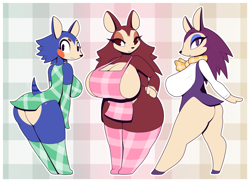 Size: 2537x1850 | Tagged: suggestive, artist:r-mk, labelle (animal crossing), mabel (animal crossing), sable (animal crossing), hedgehog, mammal, anthro, digitigrade anthro, animal crossing, nintendo, 2021, able sisters, apron, bandanna, bedroom eyes, big breasts, black nose, breasts, butt, clothes, digital art, ears, eyelashes, female, females only, fur, hair, legwear, looking at you, looking back, looking back at you, naked apron, nudity, partial nudity, rear view, siblings, sideboob, simple background, sister, sisters, stockings, tail, trio, trio female