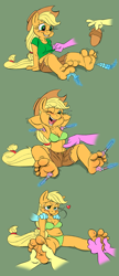 Size: 775x1802 | Tagged: suggestive, artist:kuroi_wolf, applejack (mlp), fluttershy (mlp), rainbow dash (mlp), twilight sparkle (mlp), earth pony, equine, fictional species, mammal, pegasus, pony, unicorn, anthro, plantigrade anthro, friendship is magic, hasbro, my little pony, applejack's hat, armpits, assisted exposure, barefoot, bedroom eyes, belly button, biting, blushing, bottomwear, bra, breasts, brush, clothes, comic strip, cowboy hat, disembodied hand, faceless character, faceless female, feathers, feet, female, flip flops, foot massage, group, hat, headwear, heart, lip biting, love heart, magic, mare, massage, offscreen character, one eye closed, panties, relaxing, sandals, shirt, shoes, shorts, soles, solo focus, stripping, sweat, thick thighs, thighs, tickle torture, tickling, toes, topwear, trio, underwear
