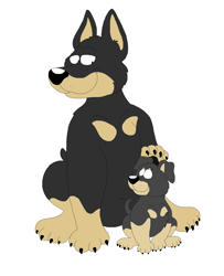 Size: 5288x6520 | Tagged: safe, artist:toonidae, canine, doberman, dog, mammal, feral, 2d, ambiguous gender, duo, duo ambiguous, front view, looking at each other, miniature pinscher, paw pads, paws, simple background, three-quarter view, white background