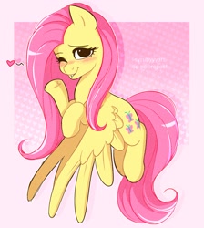 Size: 2007x2239 | Tagged: safe, artist:syrupyyyart, fluttershy (mlp), equine, fictional species, mammal, pegasus, pony, feral, friendship is magic, hasbro, my little pony, 2022, blushing, commission, eyelashes, feathered wings, feathers, female, fur, hair, heart, high res, mane, mare, one eye closed, pink hair, pink mane, pink tail, solo, solo female, tail, wings, winking, yellow body, yellow fur