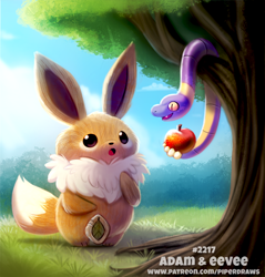 Size: 650x680 | Tagged: safe, artist:cryptid-creations, eevee, eeveelution, ekans, fictional species, mammal, reptile, snake, feral, nintendo, pokémon, 2d, adam and eve, ambiguous gender, apple, duo, duo ambiguous, food, fruit, plant, pun, tree, visual pun