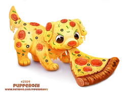 Size: 1000x723 | Tagged: safe, artist:cryptid-creations, canine, dog, fictional species, food creature, mammal, feral, 2d, eating, food, front view, olive, pepper, pepperoni, pun, puppy, simple background, three-quarter view, visual pun, white background, young