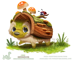 Size: 910x765 | Tagged: safe, artist:cryptid-creations, arthropod, fictional species, flora fauna, hedgehog, ladybug, mammal, feral, 2d, ambiguous gender, duo, duo ambiguous, front view, grass, log, mushroom, pun, simple background, three-quarter view, visual pun, white background