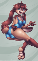 Size: 3000x4800 | Tagged: suggestive, artist:shad0w-galaxy, lop (star wars: visions), lagomorph, leporid, mammal, rabbit, anthro, disney, star wars, star wars: visions, 3 toes, barefoot, blue clothing, blue eyes, breasts, brown body, brown fur, brown hair, butt, butt grab, cameltoe, claws, cleavage, clothes, ears, feet, female, fur, hair, hand on butt, lepi, long ears, looking at you, one-piece swimsuit, open mouth, patreon, paw pads, paws, pink pawpads, simple background, soles, solo, solo female, swimsuit, tan body, tan fur, toe curl, toes