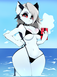 Size: 1603x2164 | Tagged: suggestive, artist:nuupi21, loona (vivzmind), canine, fictional species, hellhound, mammal, anthro, hazbin hotel, helluva boss, 2022, big breasts, breasts, cell phone, ears, female, gray hair, hair, long hair, looking at you, phone, smartphone, solo, solo female, tail, thick thighs, thighs
