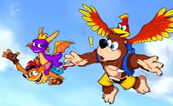 Size: 1752x1080 | Tagged: safe, artist:flowerxpath244, banjo (banjo-kazooie), crash bandicoot (crash bandicoot), kazooie (banjo-kazooie), spyro the dragon (spyro), bandicoot, bear, bird, breegull, dragon, fictional species, mammal, marsupial, western dragon, feral, banjo-kazooie, crash bandicoot (series), rareware, spyro the dragon (series), 2022, blue eyes, brown body, brown fur, exclamation point, feathers, female, flying, fur, green eyes, male, orange body, orange fur, purple body, purple eyes, red feathers, surprised, waving