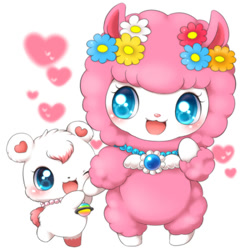 Size: 550x550 | Tagged: safe, artist:aimia492, alpaca, bear, mammal, polar bear, semi-anthro, jewelpet (sanrio), sanrio, 2d, angela (jewelpet), cute, duo, duo female, female, females only, flower, flower in hair, hair, hair accessory, labra (jewelpet), one eye closed, open mouth, open smile, pixiv, plant, smiling, winking