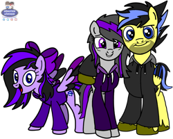 Size: 1603x1280 | Tagged: safe, artist:mrstheartist, oc, oc only, oc x oc, oc:ponyseb 2.0, oc:ruby belle, oc:viola love, equine, fictional species, mammal, pegasus, pony, feral, friendship is magic, hasbro, my little pony, base used, black outline, bow, clothes, colored wingtips, couple, family, female, group, hair bow, hoodie, looking at you, male, married couple, older, parent:oc: ponyseb 2.0, parent:oc:viola love, parents:oc x oc, parents:violaseb (oc), self upload, shipping, simple background, topwear, transparent background, trio, violaseb (oc), wings