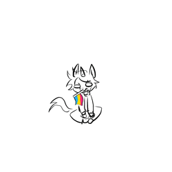 Size: 1536x1536 | Tagged: safe, artist:zoofinq, light (teen-z), animal humanoid, equine, fictional species, mammal, unicorn, humanoid, teen-z, bottomwear, clothes, ears, flag, hair, hoodie, horn, male, pansexual, pansexual pride flag, pride flag, shirt, simple background, sitting, solo, solo male, t-shirt, tail, topwear, white background