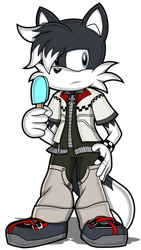 Size: 1350x2400 | Tagged: source needed, safe, artist:toyminator900, roxas (kingdom hearts), oc, oc only, oc:ronjir the husky (lightningbolt), canine, dog, husky, mammal, anthro, disney, kingdom hearts, sega, sonic the hedgehog (series), square enix, 2021, black body, black fur, black tail, blue eyes, bottomwear, cheek fluff, clothes, commission, cosplay, crossover, dipstick tail, fluff, food, fur, hand hold, hand on hip, head fluff, head tuft, holding, jacket, looking at you, male, pants, popsicle, ring, sea salt ice cream, shirt, shoes, simple background, solo, solo male, style emulation, tail, tail fluff, topwear, transparent background, undershirt, wristband, zipper