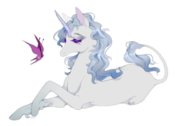 Size: 1000x721 | Tagged: safe, artist:va1ly, lady amalthea (the last unicorn), arthropod, butterfly, classical unicorn, equine, fictional species, insect, mammal, unicorn, feral, the last unicorn, female, fur, mare, simple background, solo, solo female, ungulate, white background, white body, white fur