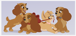 Size: 1546x745 | Tagged: safe, artist:kitchiki, angel (lady and the tramp), annette (lady and the tramp), collette (lady and the tramp), danielle (lady and the tramp), canine, cocker spaniel, dog, mammal, spaniel, feral, disney, lady and the tramp, female, females only, group, puppy, siblings, sister, sisters, triplets, unamused, young