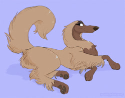 Size: 1320x1032 | Tagged: safe, artist:prettypinkpony, sylvie (balto), afghan hound, canine, dog, mammal, feral, balto (series), 2d, brown body, brown fur, female, fur, looking at you, paw pads, paws, purple background, side view, simple background, solo, solo female