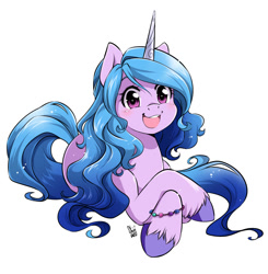 Size: 909x927 | Tagged: safe, artist:nekoshiei, izzy moonbow (mlp), equine, fictional species, mammal, pony, unicorn, feral, hasbro, my little pony, my little pony g5, spoiler:my little pony g5, 2022, blue hair, blue mane, blue tail, bracelet, cute, female, hair, hooves, horn, izzybetes, jewelry, looking at you, lying down, mane, mare, open mouth, open smile, prone, signature, simple background, smiling, smiling at you, solo, solo female, tail, unshorn fetlocks, white background